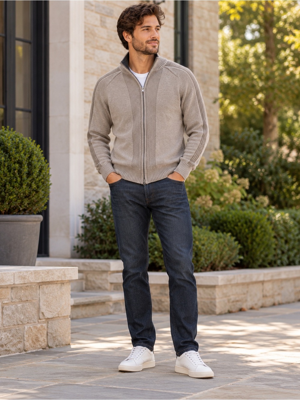 Wilke-Rodriguez Men’s Full Zip Cotton Sweater Size Small Taupe Ribbed Mock Neck